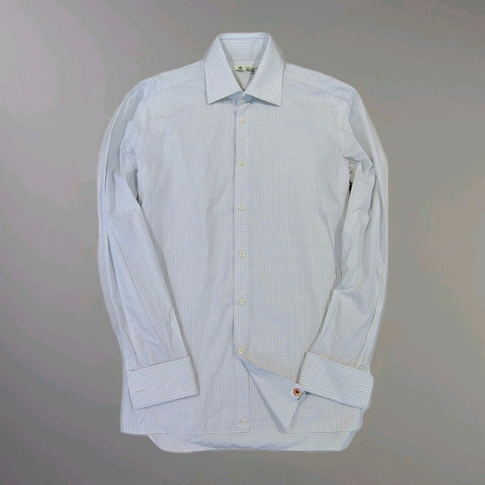 Borrelli Napoli French Cuffs Dress Shirt Mens Plaid 16 Made In Italy - Picture 3 of 13